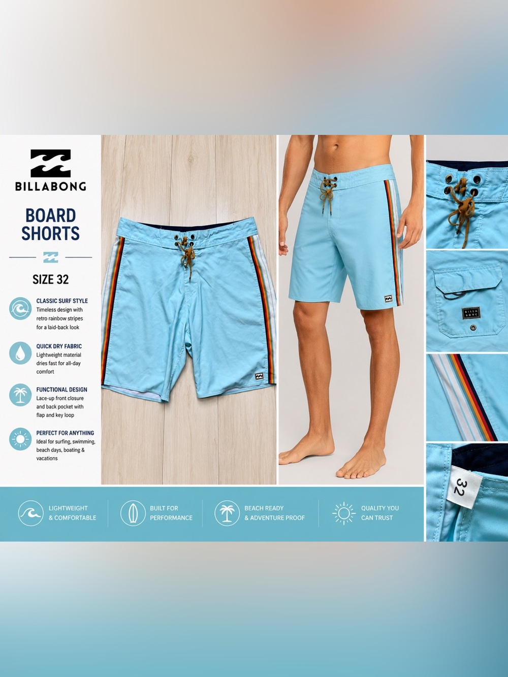 Billabong Board Shorts Mens Size 32 Light Blue Rainbow Stripe Surf Swim Trunks